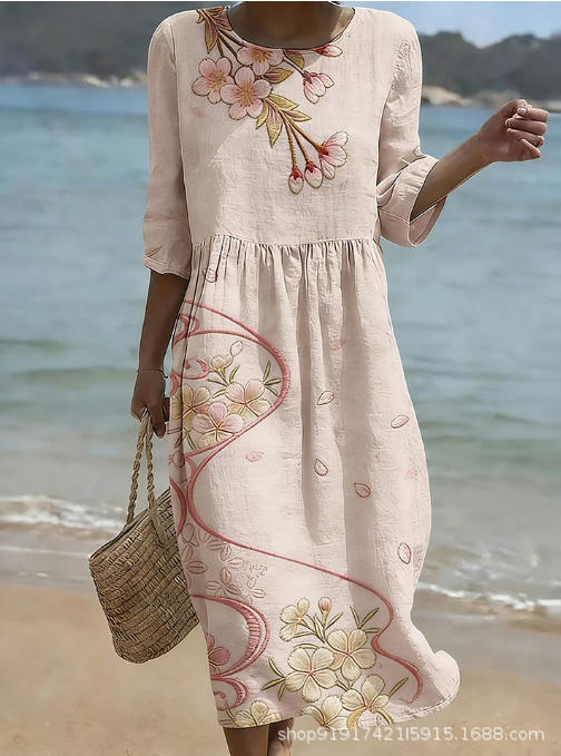 Women's Floral Print Ruched Midi Dress with Half Sleeves