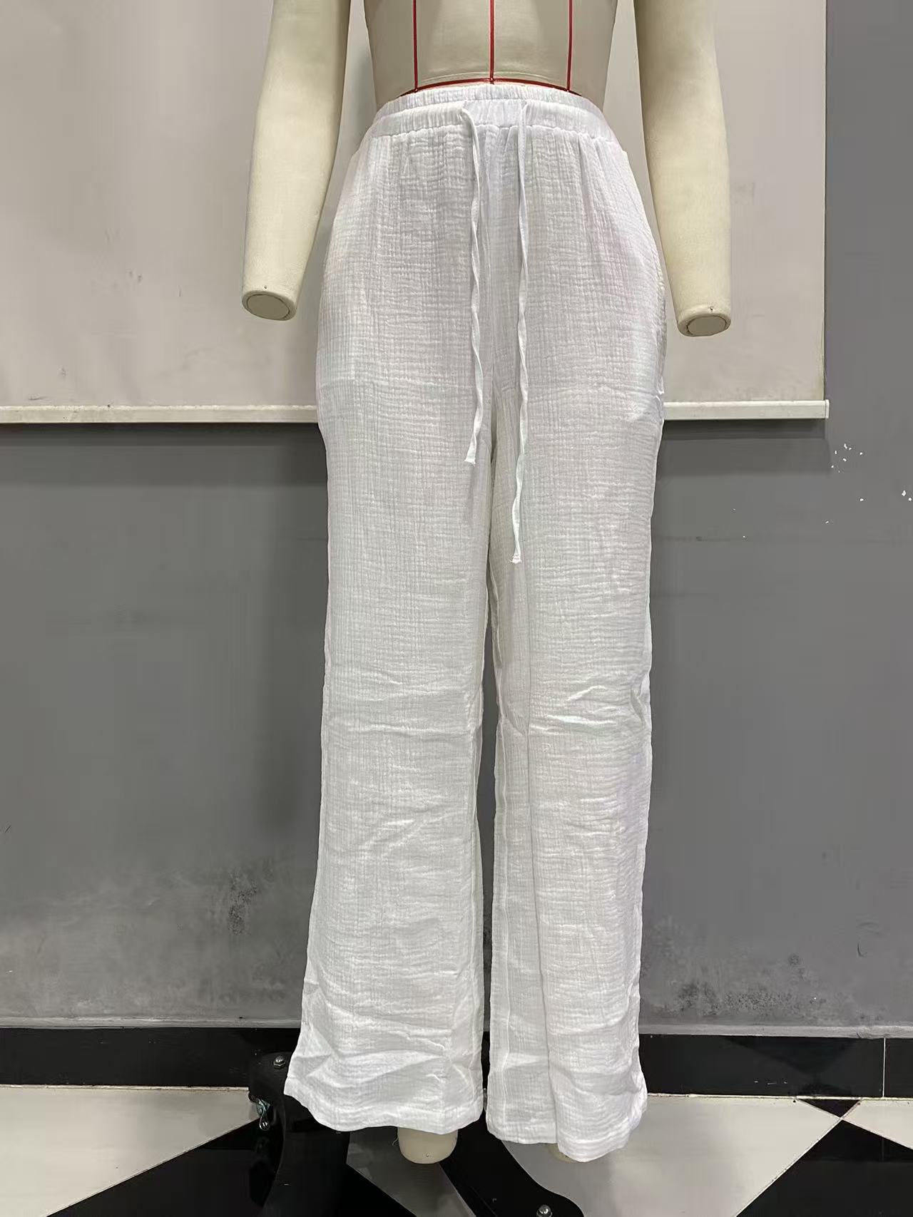 Cotton-Linen Crinkled Wide-Leg Lounge Pants for Women, Loose Solid Color