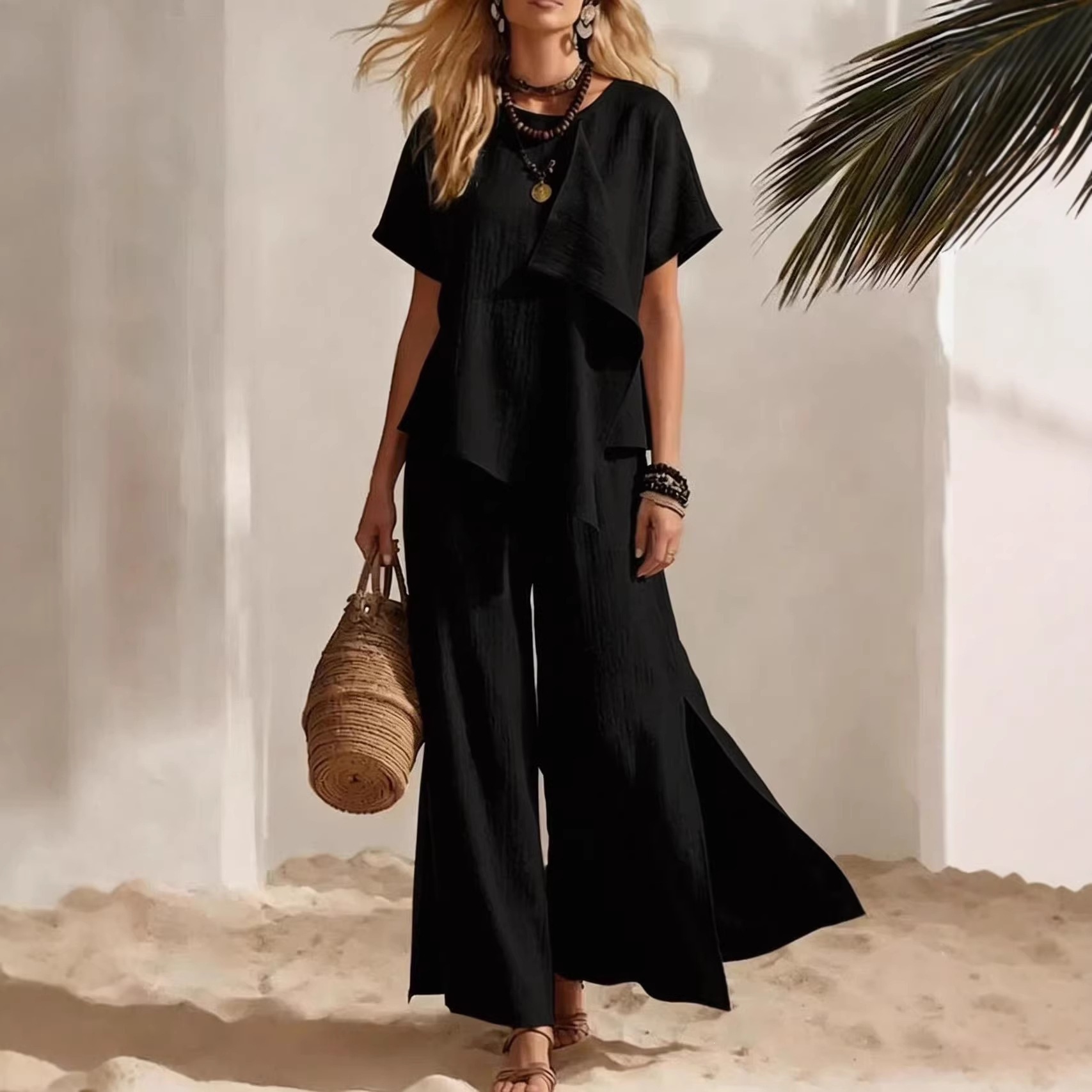 Women's Casual Asymmetric Short Sleeve Top and Slit Wide Leg Pants Set