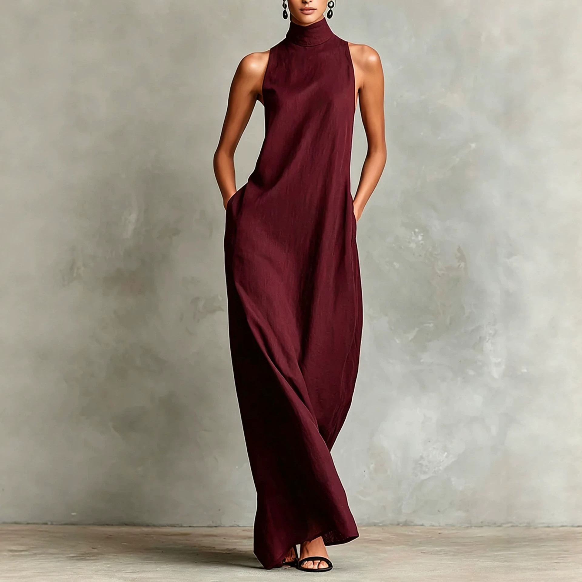 Linen High Neck Sleeveless A-Line Maxi Dress