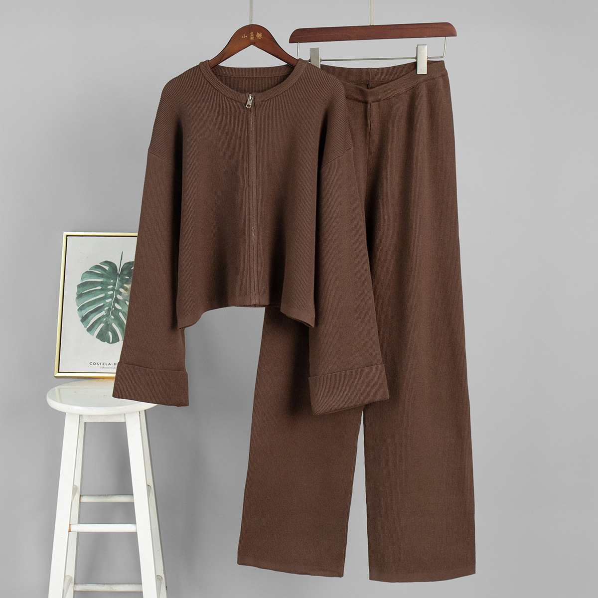 Knit Long Sleeve Wide Leg Pants Set with Zip Cardigan