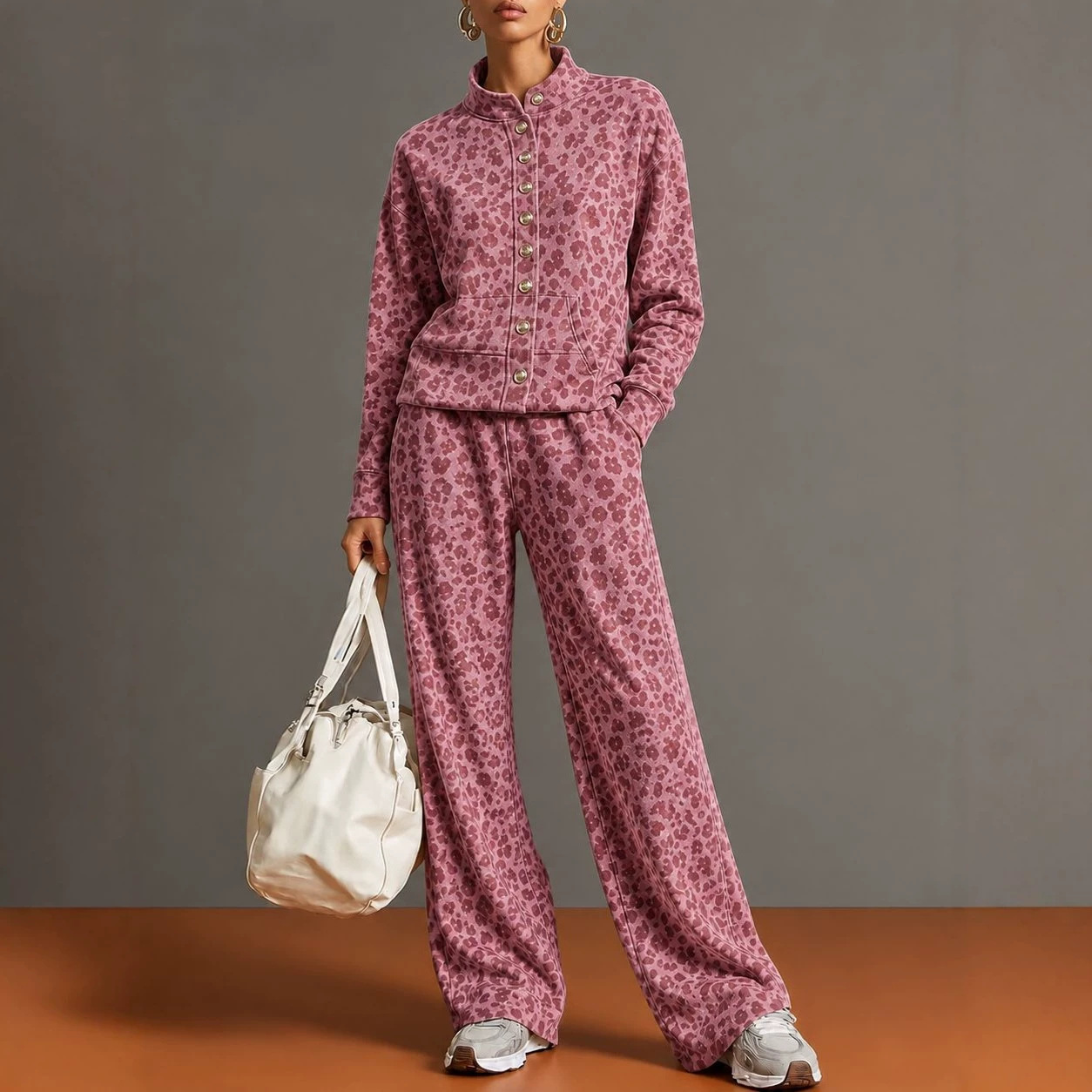 2026 Fall/Winter European and American Cross-Border Women's Vintage Leopard Print Stand Collar Single-Breasted Jacket Wide-Leg Pants Casual Set for Women