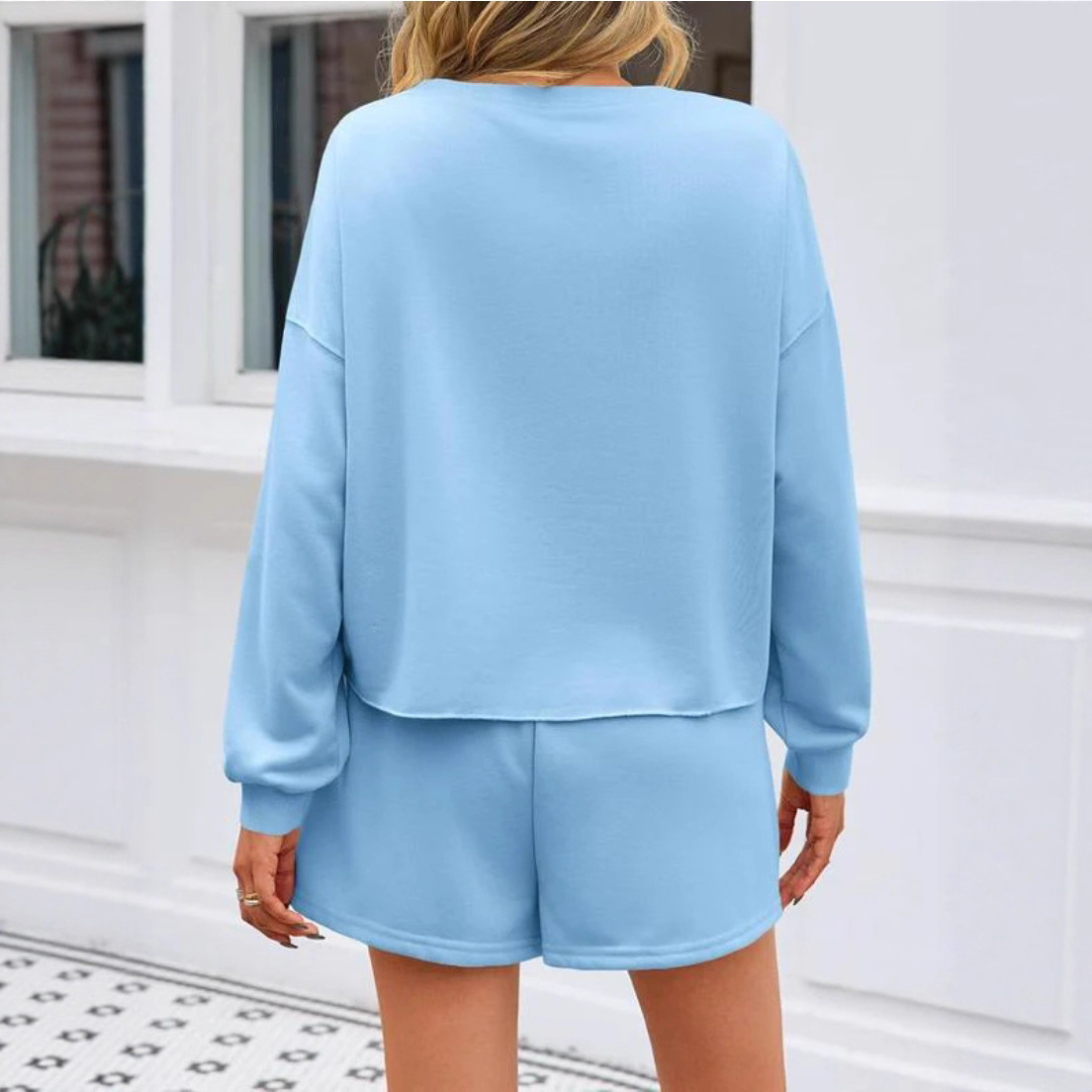 Women's Summer Long Sleeve Round Neck Solid Pearl Two-Piece Set