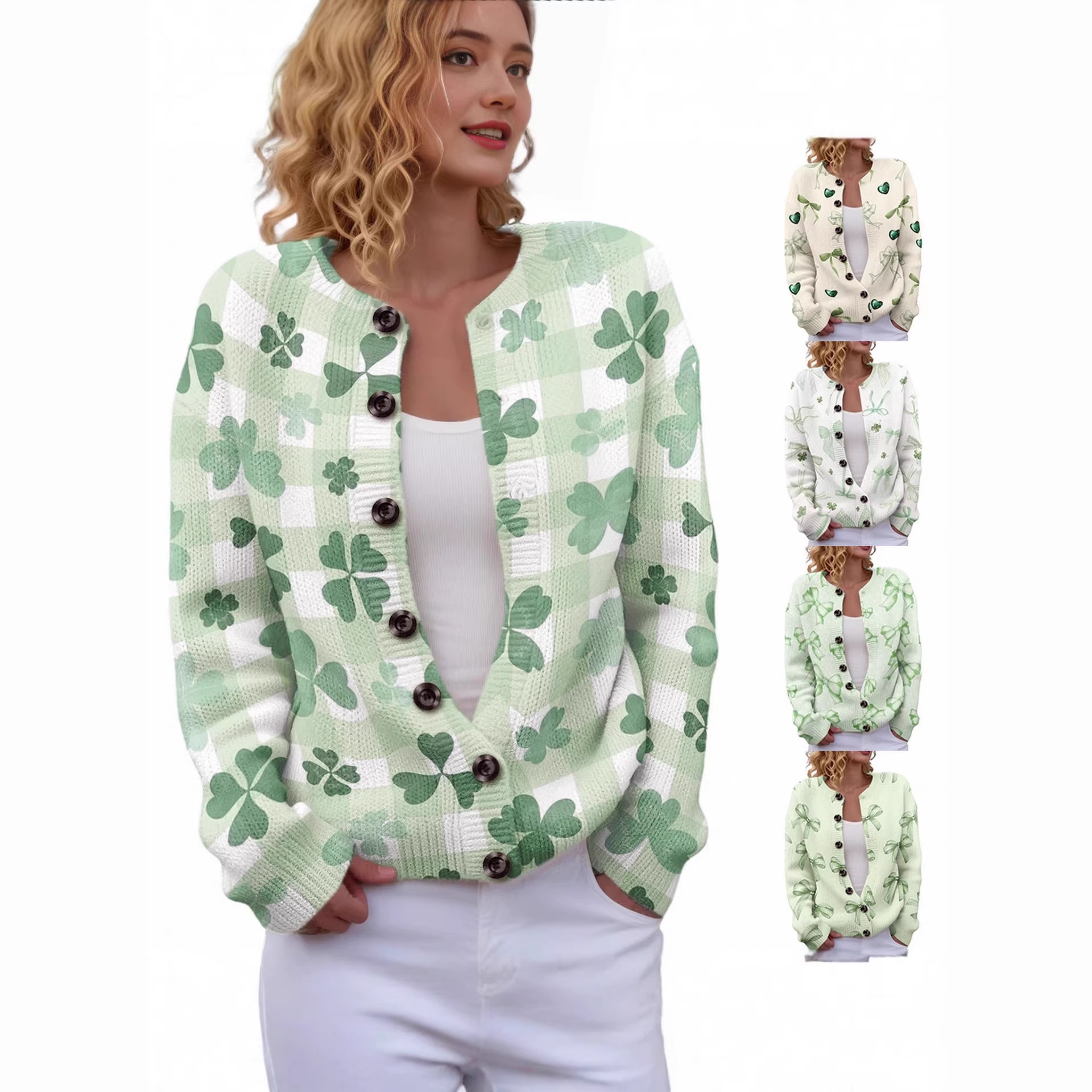 Women's Four-Leaf Clover Print Button Cardigan Sweater