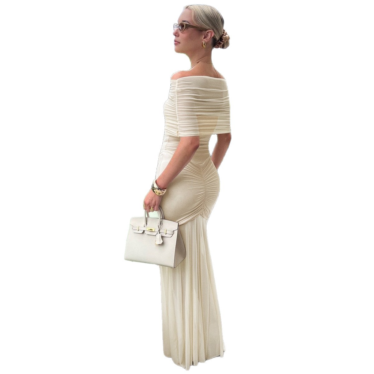 Women's Off-Shoulder Ruched Mesh Sheer Dress