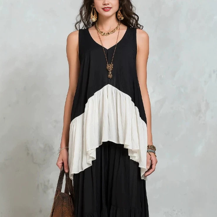 Retro Color-Block V-Neck Sleeveless Top and Flared Maxi Skirt Two-Piece Set