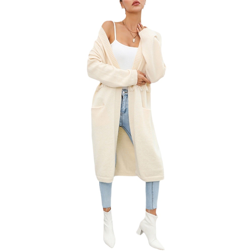 Women's Plus Size Long Fringe Cardigan Sweater with Pockets
