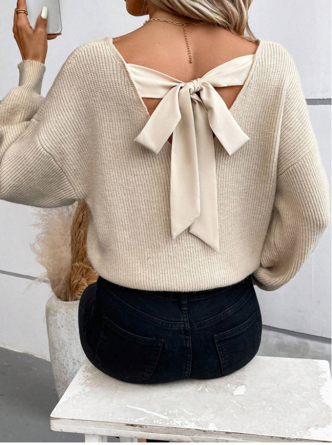 V-Neck Bow Knit Sweater Women's Long Sleeve Loose Fit