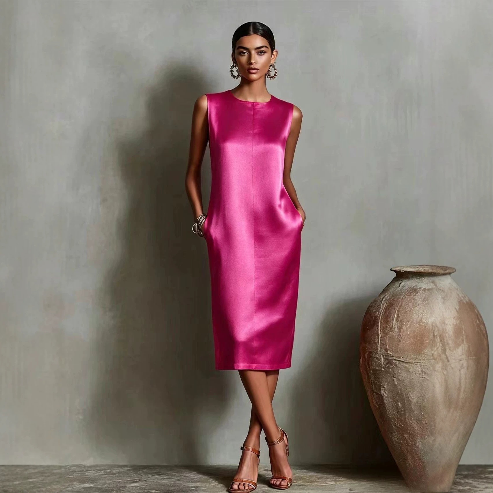 Sleeveless Round Neck Side Pocket A-Line Midi Dress