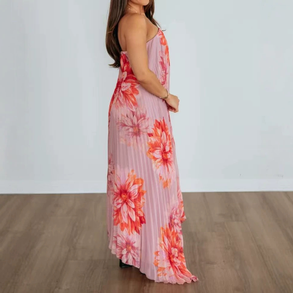 Pink Orange-Red Floral Strapless Pleated Maxi Dress