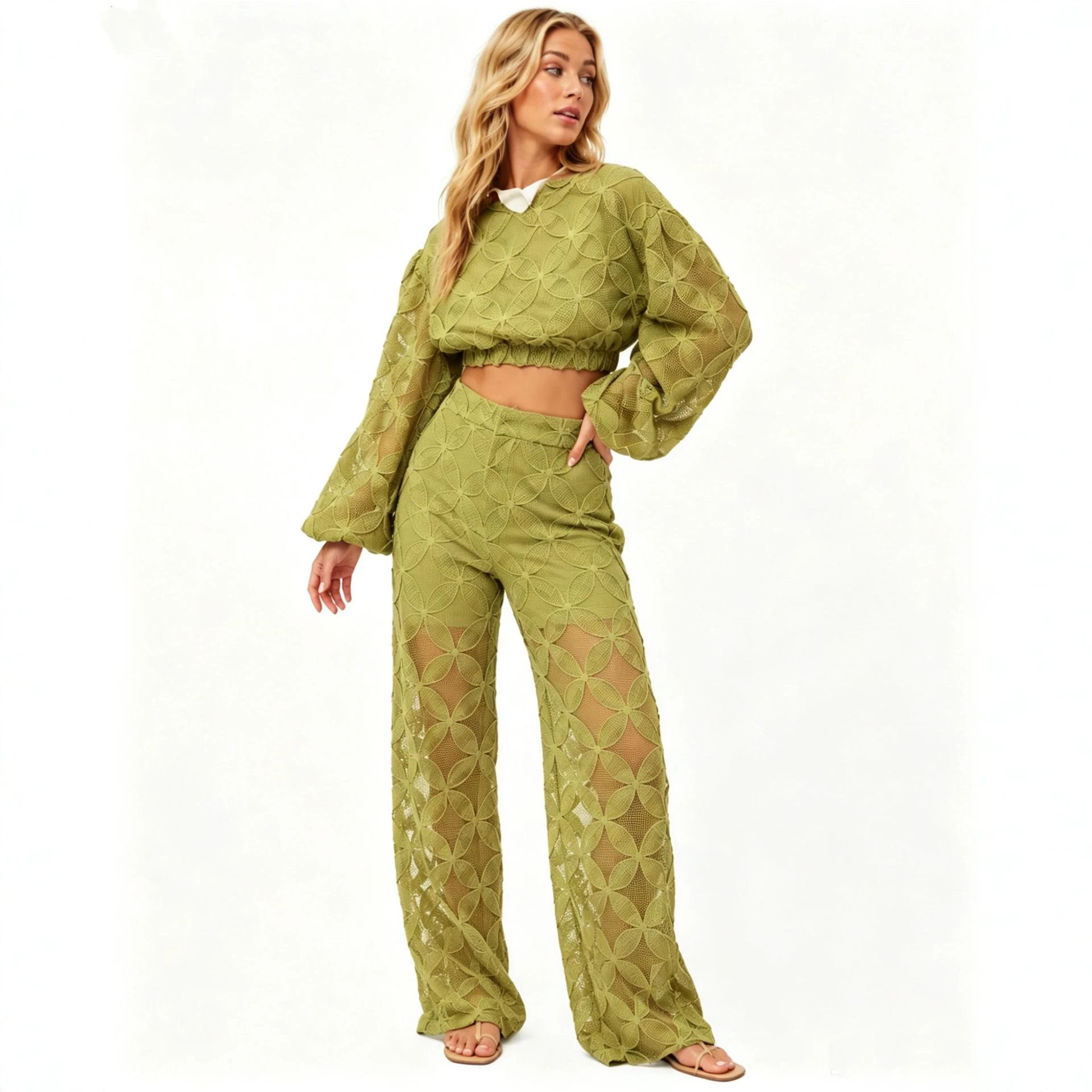 French Vintage Women's Cutout Long Sleeve Top and Pants Set