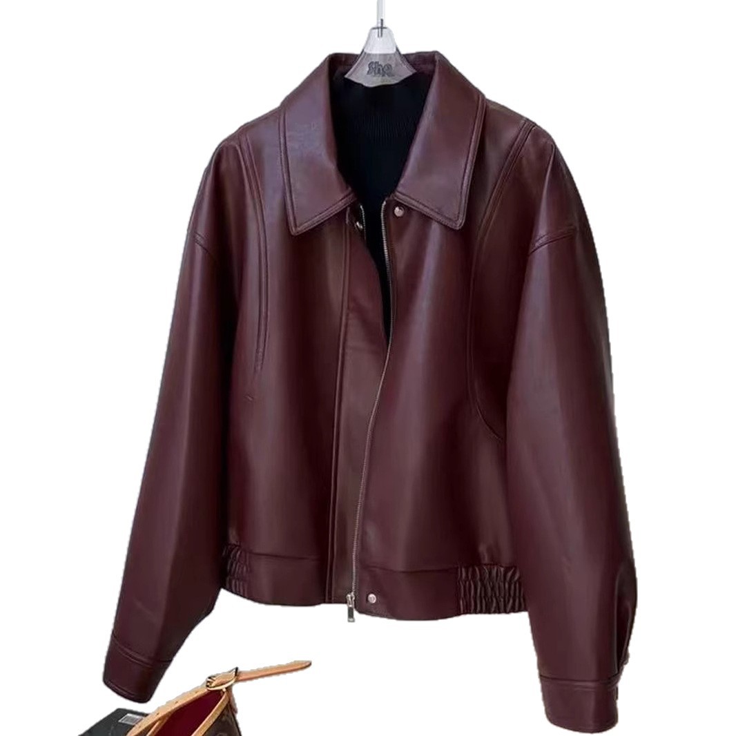 Women's Faux Leather Jacket with Lapel Collar, Relaxed Cropped Fit