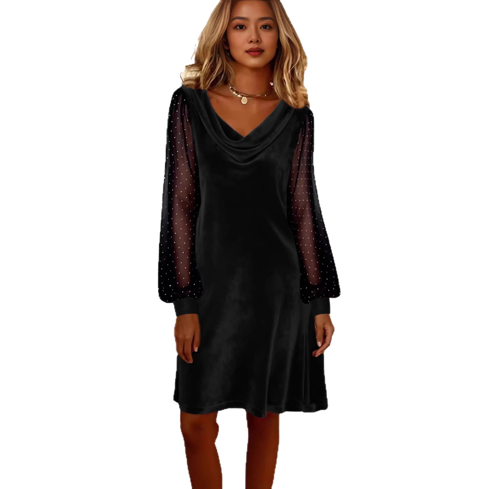 Women's Solid V-Neck Mesh A-Line Midi Dress with Sequin Detail