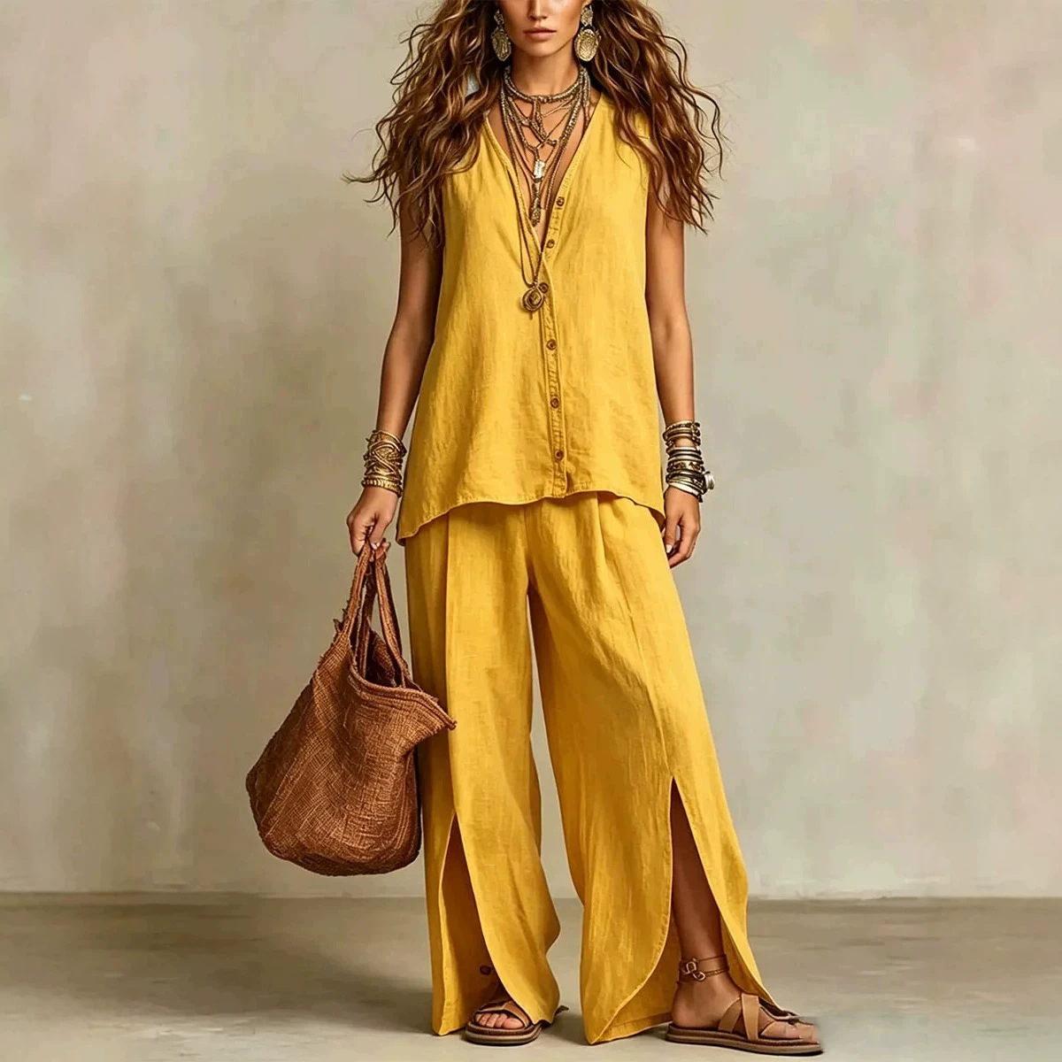 Women's Sleeveless V-Neck Button Lounge Set Casual Beach Two-Piece
