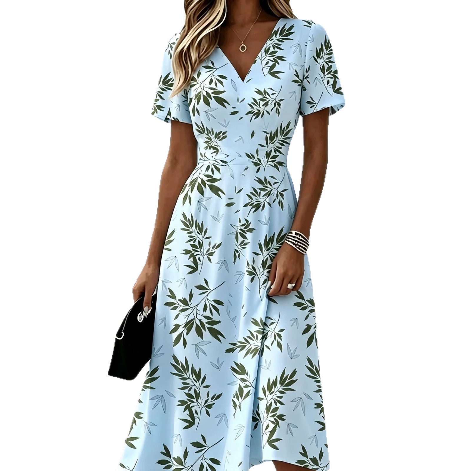 Women's Floral Leaf Print Casual Midi Dress with Deep V-Neck and Short Sleeves