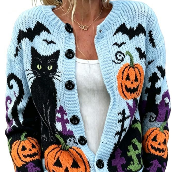 Halloween Cat Pumpkin Castle Bat Print Women's Cardigan