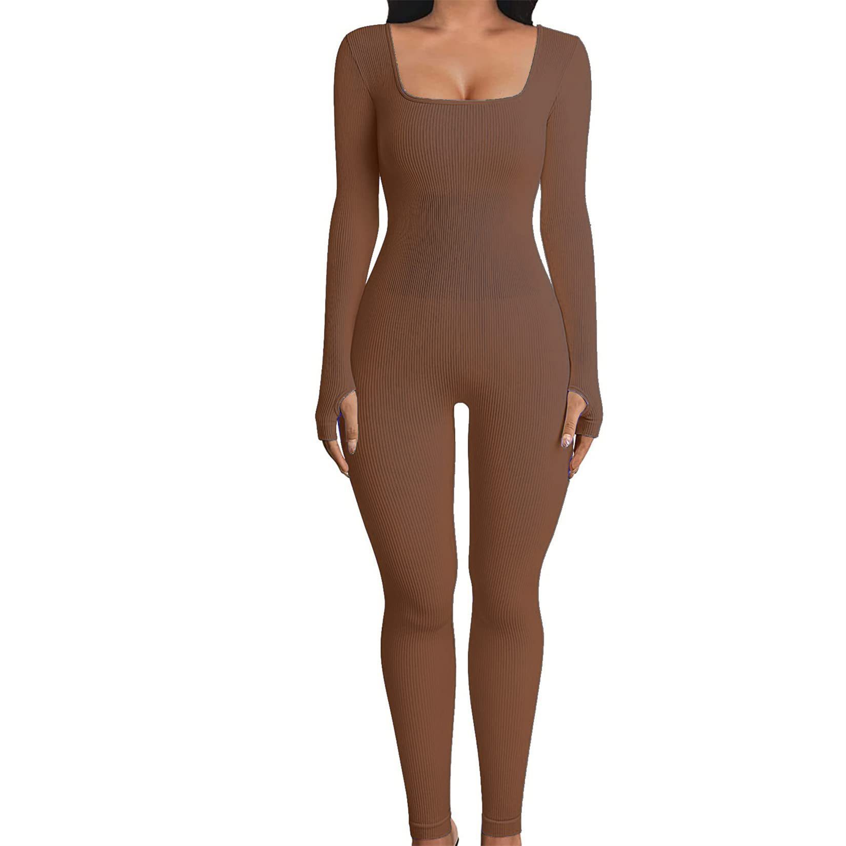 Women's Ribbed Square Neck Bodysuit Slimming Long Sleeve