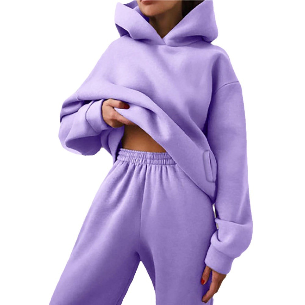 Women's Solid Color Hooded Sweatshirt and Pants Two-Piece Casual Set