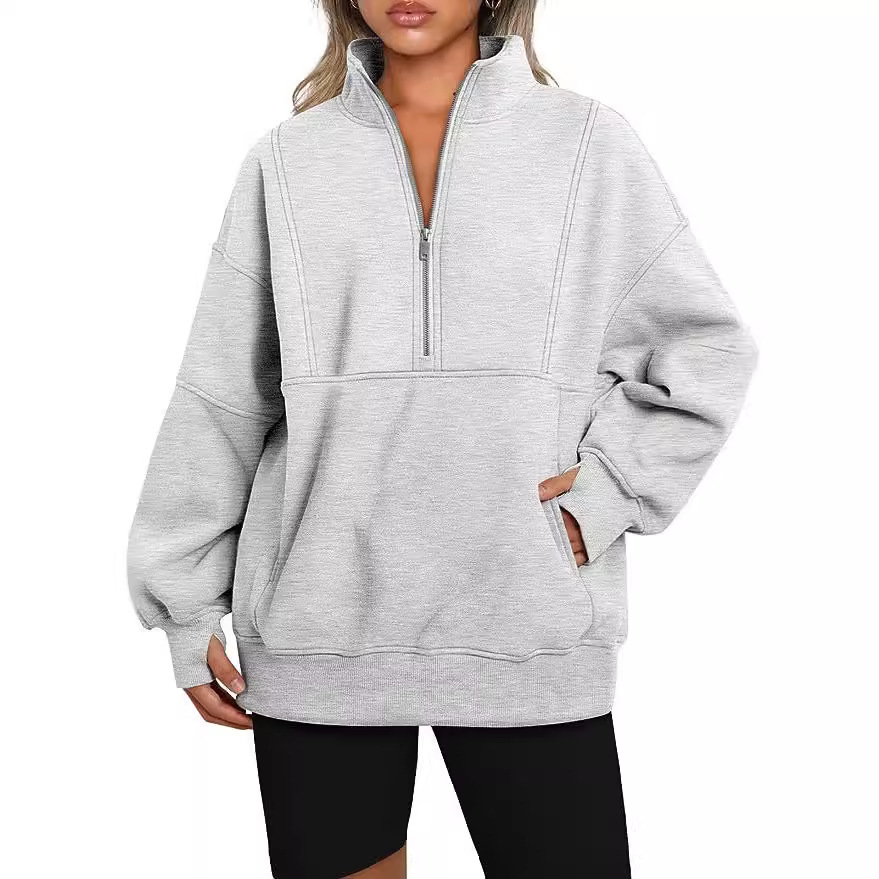 Women's Fleece-Lined Half-Zip Pullover Hoodie with Pockets and Stand Collar