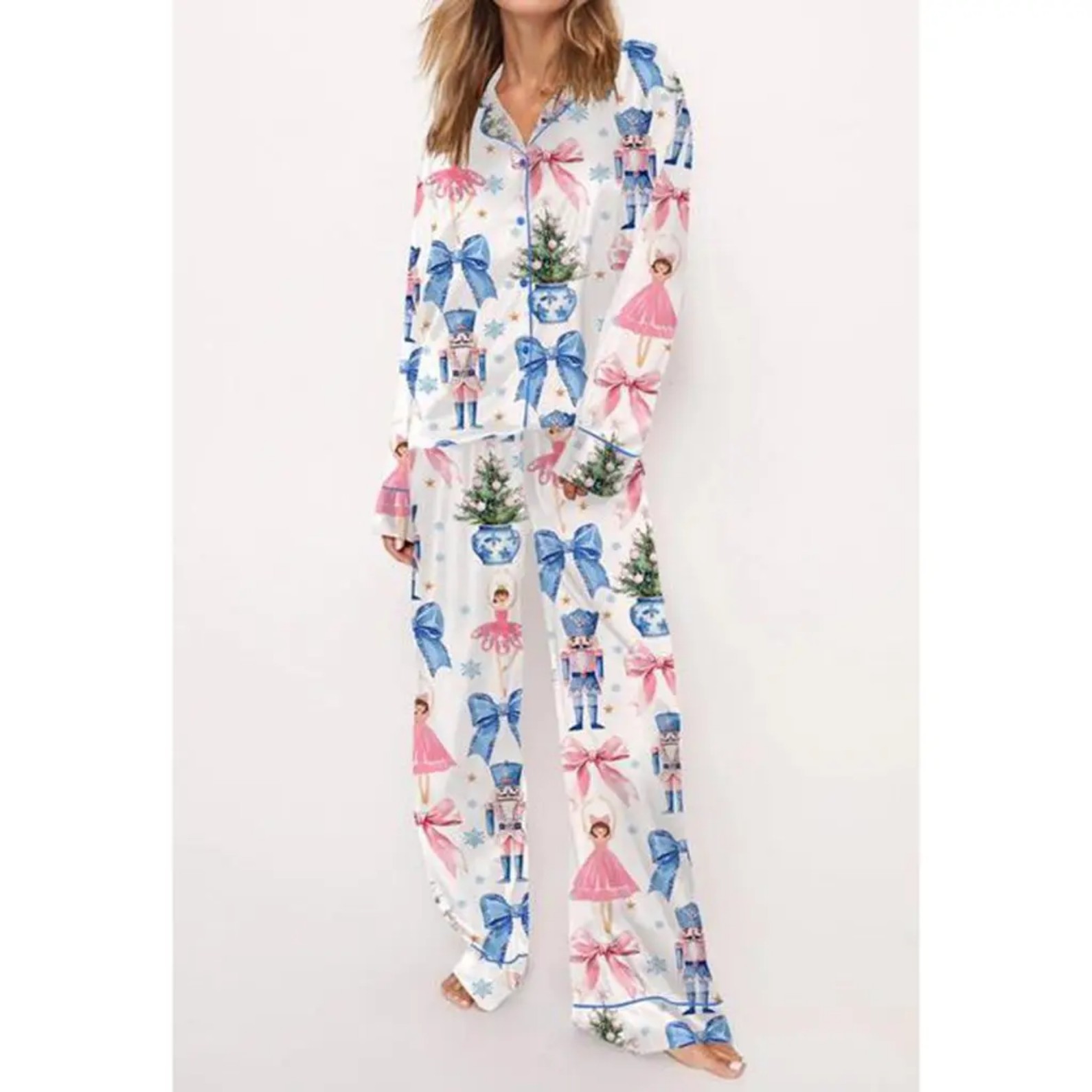 Christmas Tree Print Cuban Collar Long Sleeve Women's Shirt Set