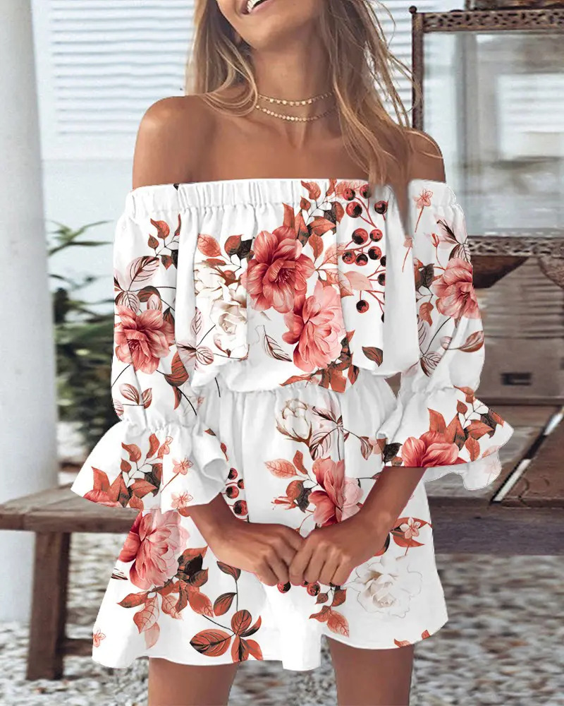 Women's Off-Shoulder Floral Print Dress Short Sleeve A-Line
