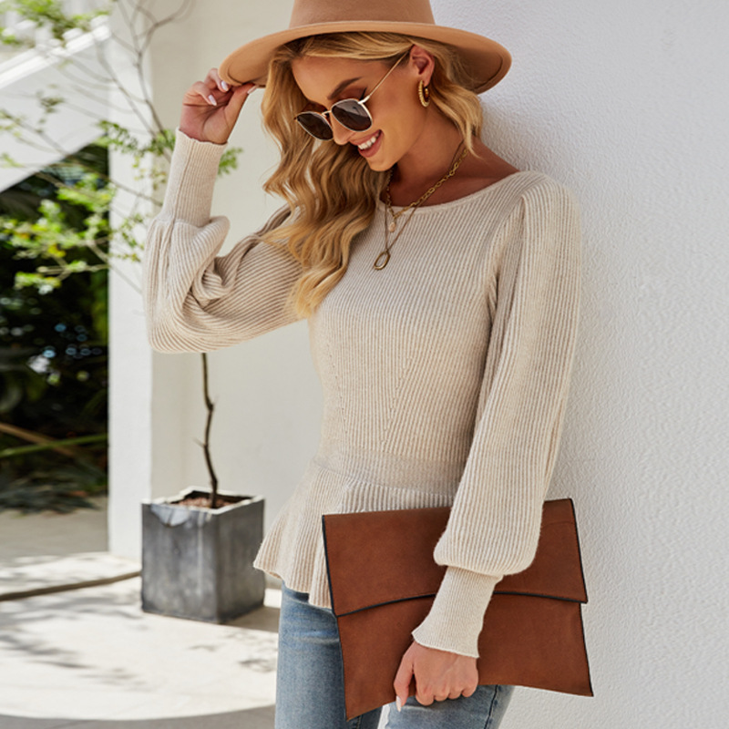 Women's Waist-Fitted Lantern Sleeve Knit Top Solid Color Sweater