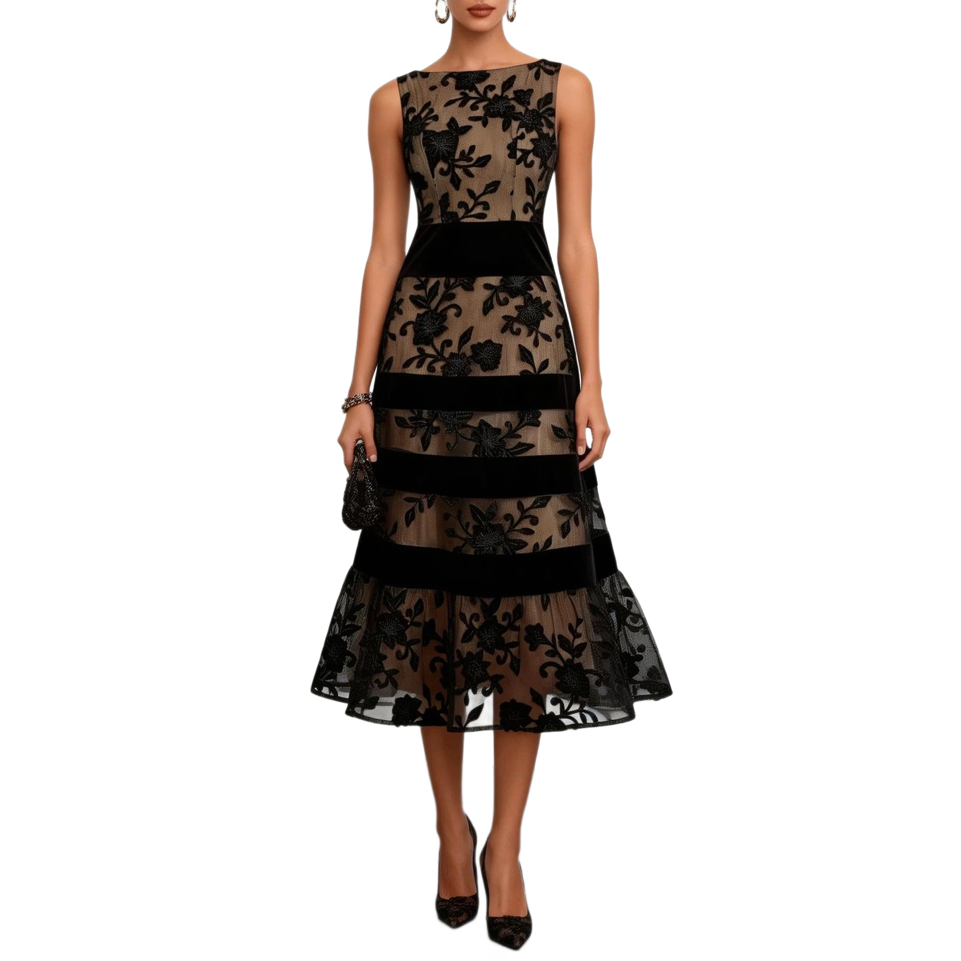 Black Mesh Flocked Jacquard Paneled Bodycon Dress