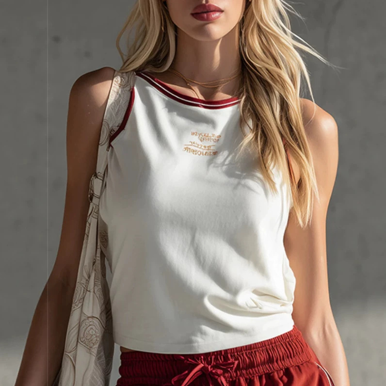 Retro Sporty White Tank Top and Red Cotton Shorts Set