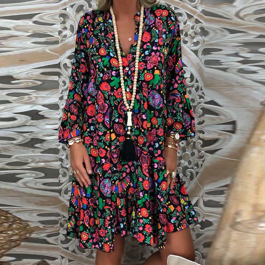 Floral Print 3/4 Sleeve Ruffle A-Line Dress V-Neck Loose Fit