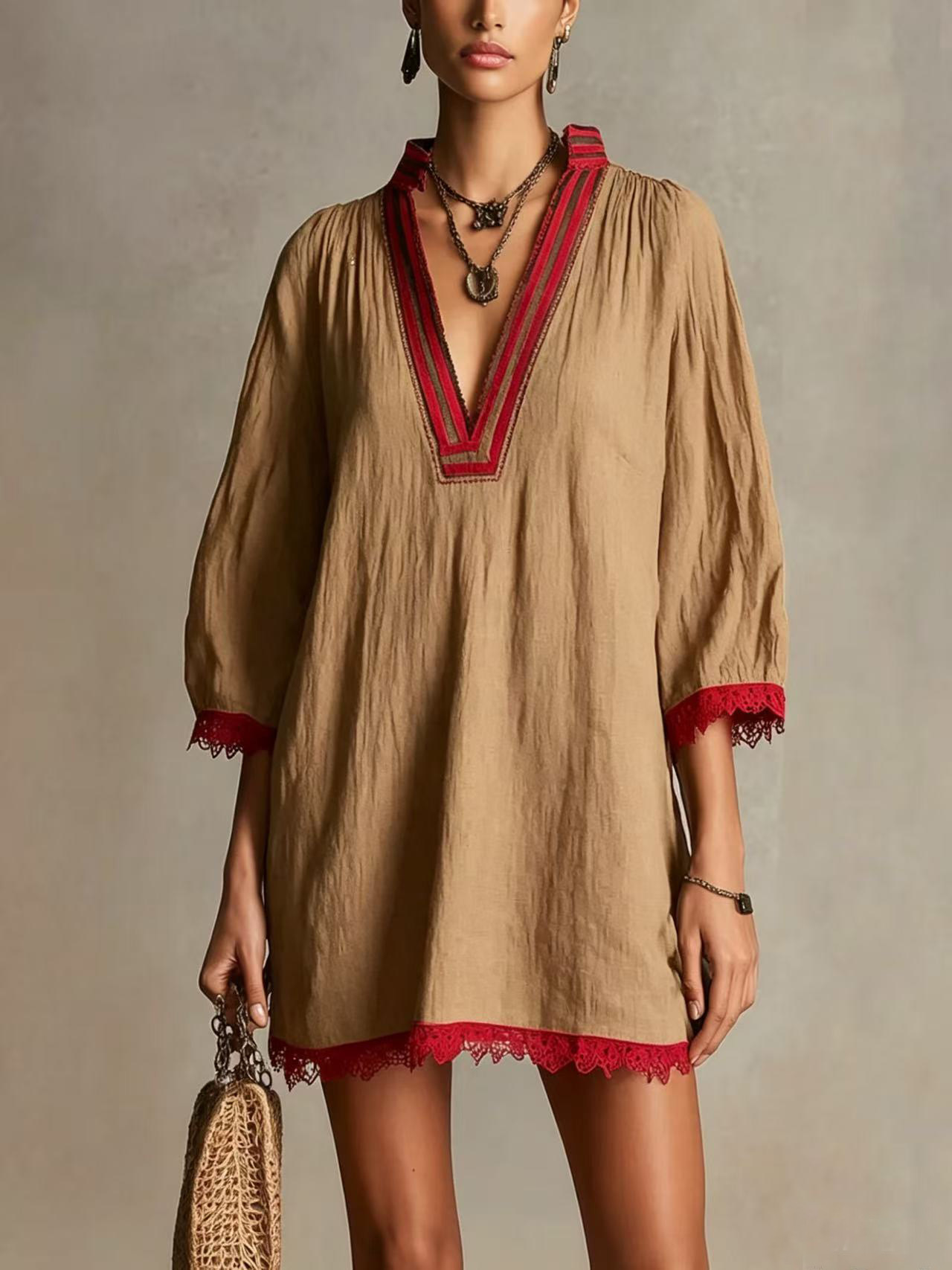 Striped V-Neck Lace Loose Straight Casual Dress
