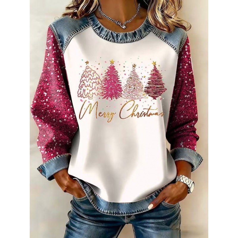 3D Print Colorblock Denim Collar Pullover Sweatshirt Women's Long Sleeve Loose Fit