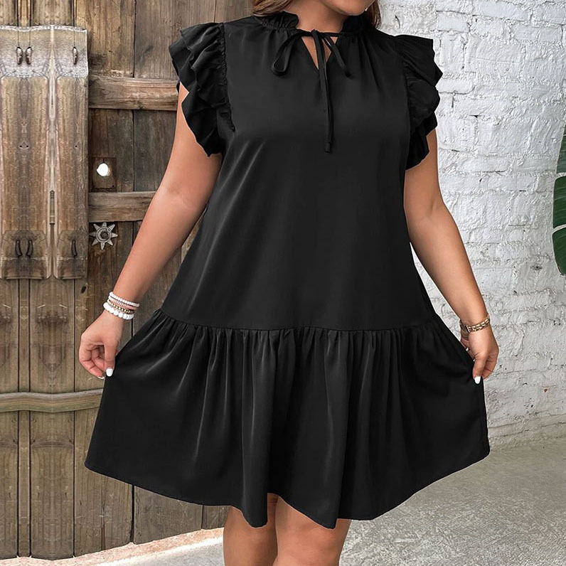 Plus Size Ruffle Tie-Neck Bubble Sleeve Dress