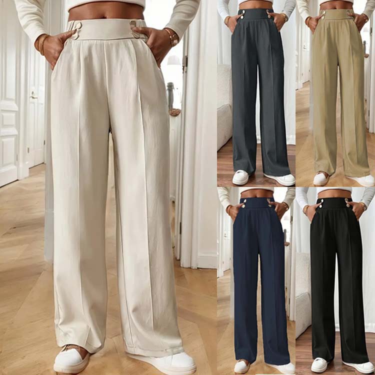 High-Waist Wide-Leg Straight Pants for Women Solid Color