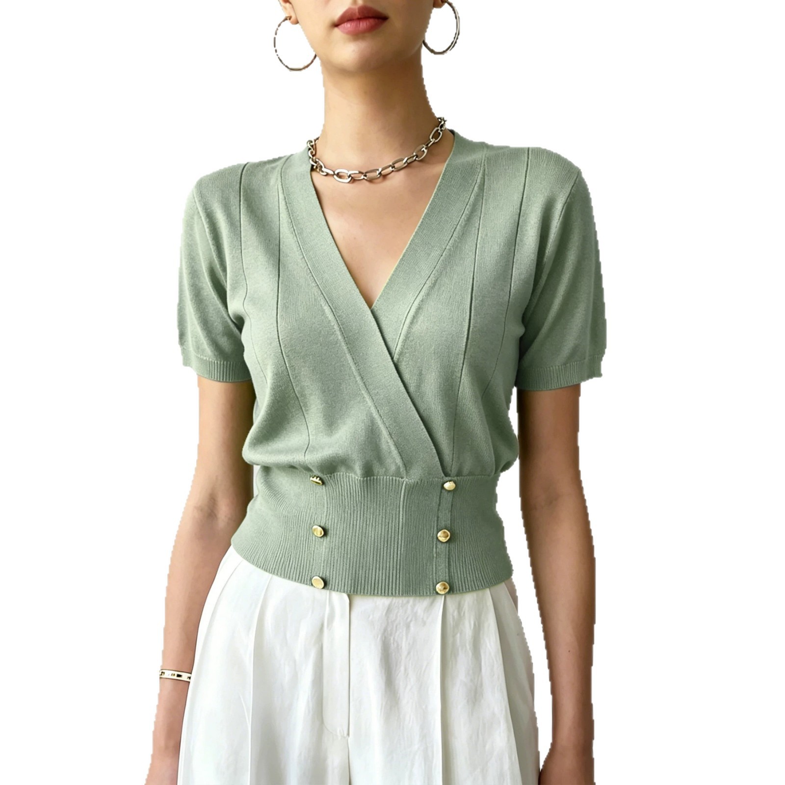 Women's Knit Sweater with Cross V-Neck and Faux Button Waist