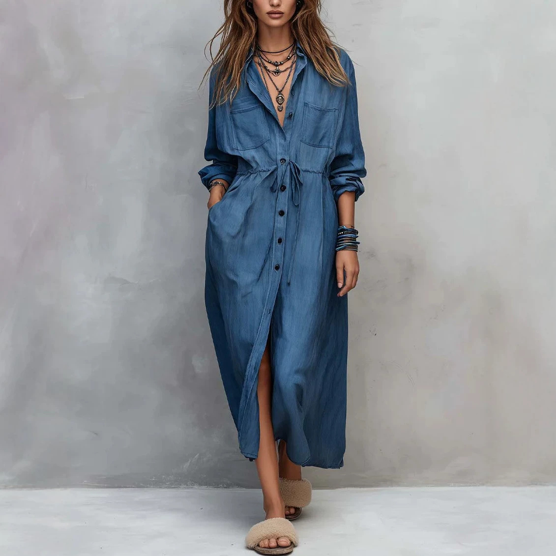 Women's Drawstring Waist Shirt Dress Loose Fit Midi A-Line