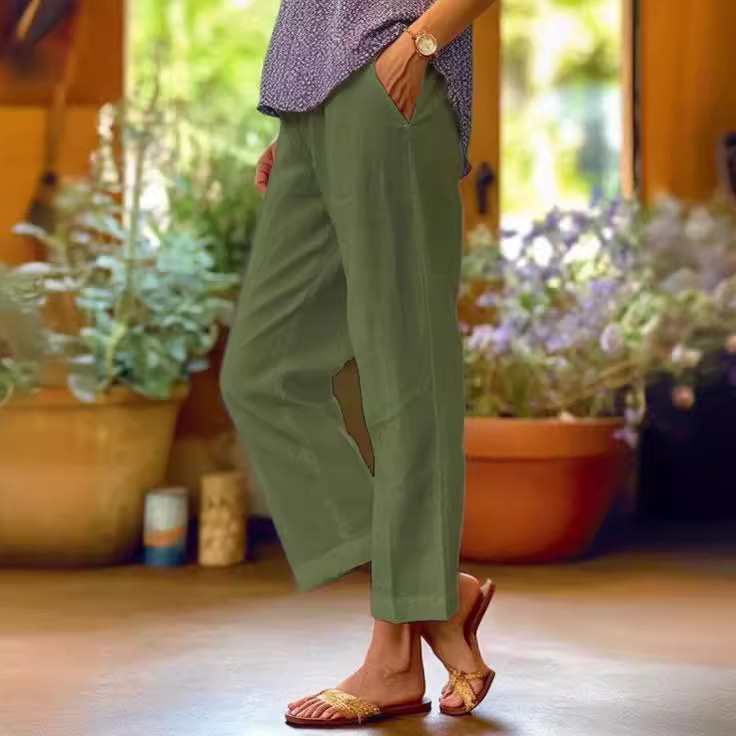 Women's Cotton-Linen Loose Straight-Leg Pants with Elastic Waist and Pockets