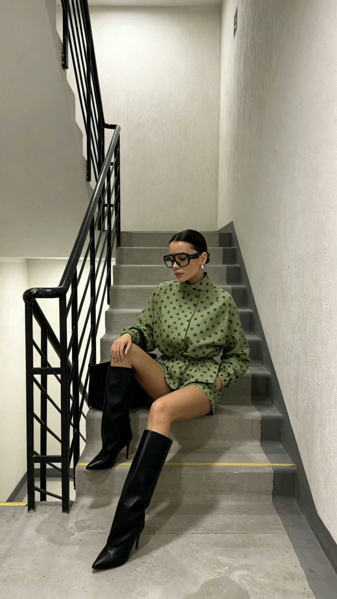 Polka Dot Long-Sleeve Jacket and High-Waist Shorts Set