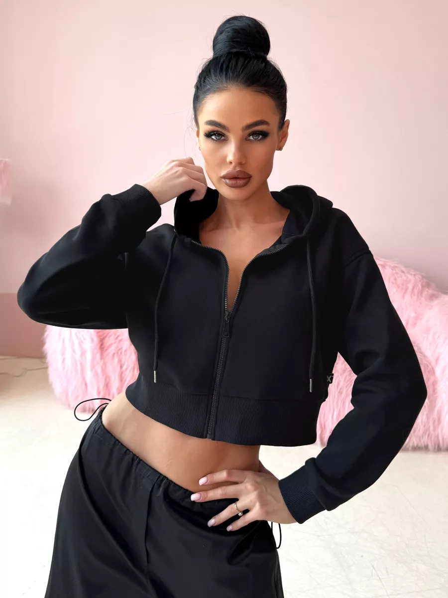 Women's Long Sleeve Hooded Zip-Up Cropped Fleece Sweatshirt