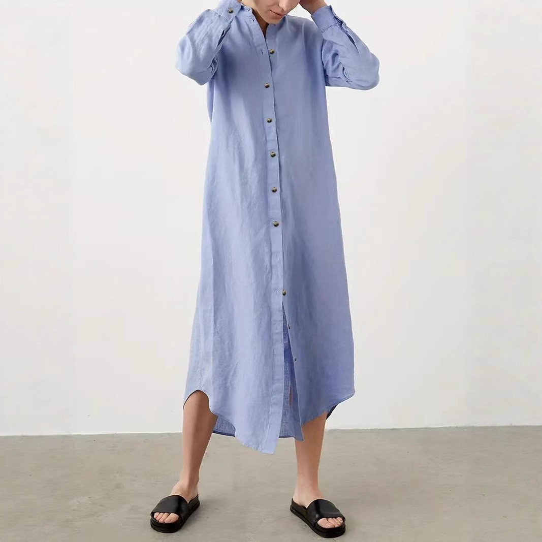 Women's Elegant Loose Single-Breasted Belted Shirt Dress Long Sleeve Midi