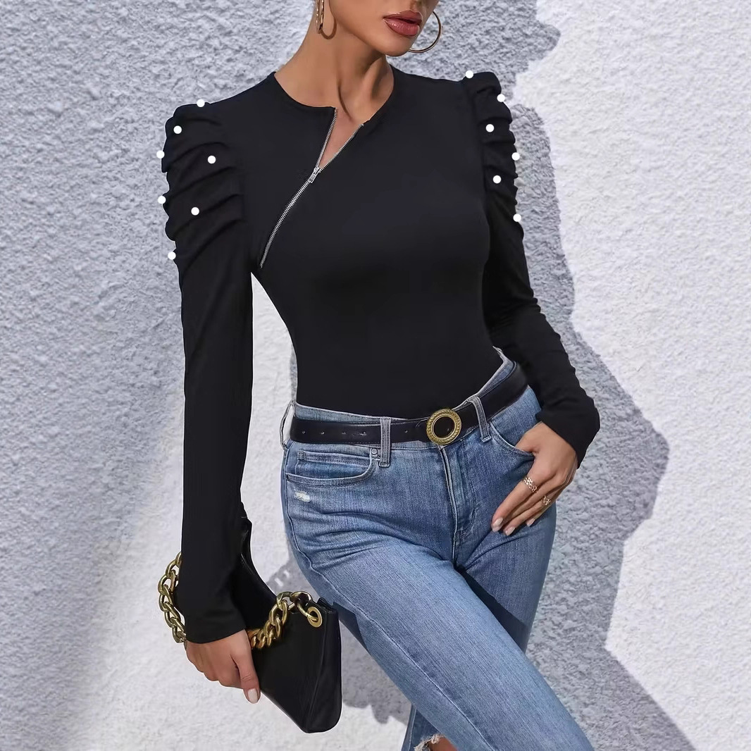 Elegant Pearl Beaded Puff Sleeve Asymmetric Zip T-Shirt