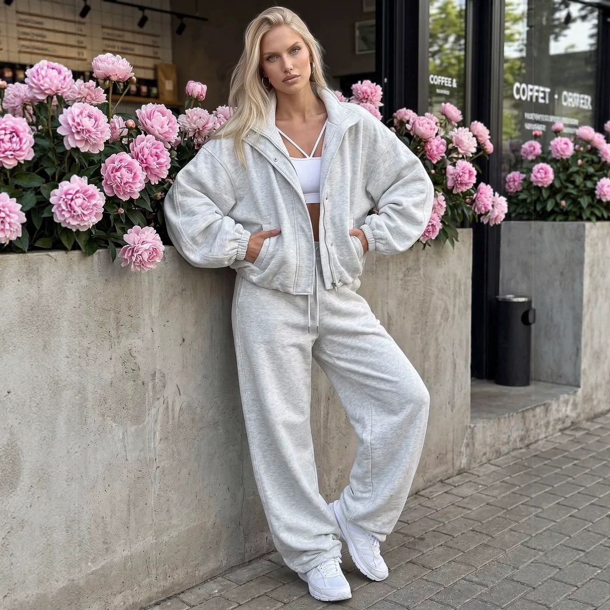 Women's Full-Zip Tracksuit Set with Waist-Cinching Jacket and Wide-Leg Pants
