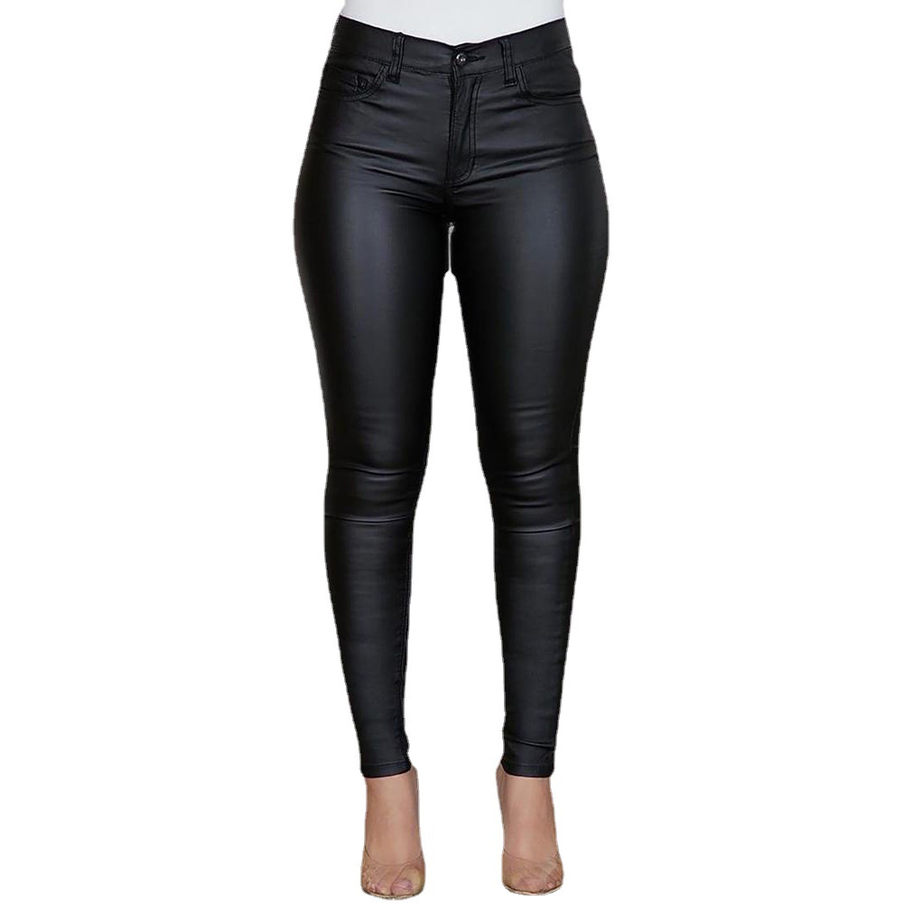 Women's Solid PU Leather Skinny Pants High Waist Stretchy Long Trousers
