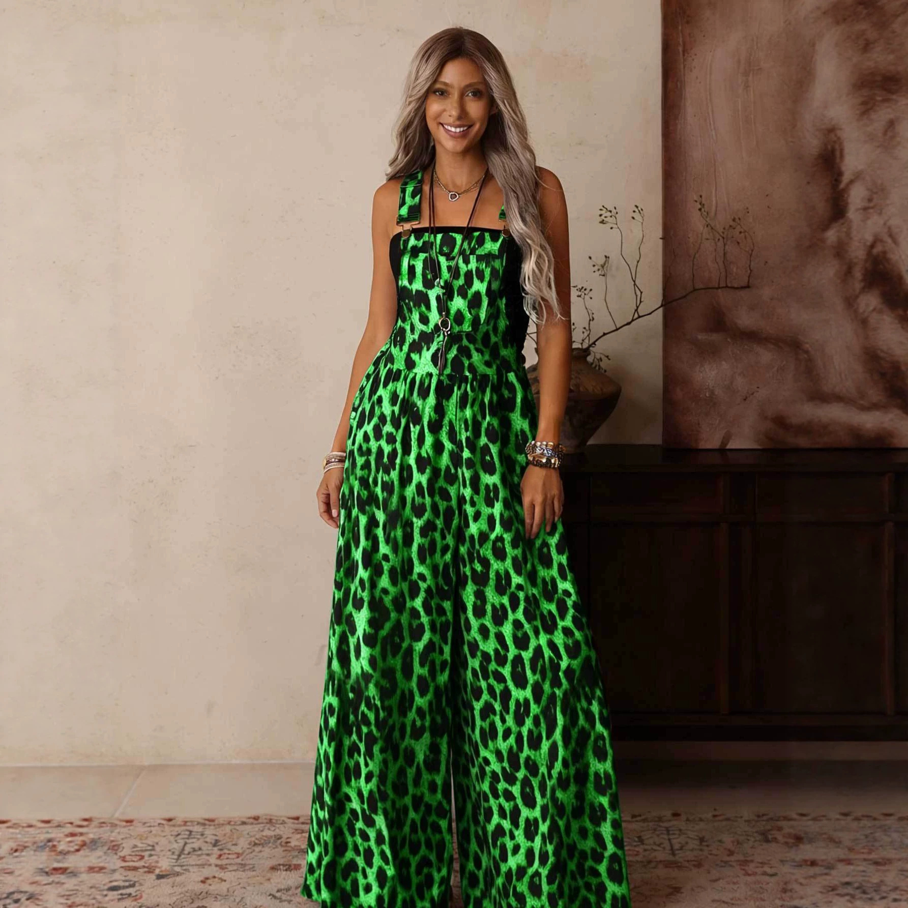 Women's Leopard Print Wide-Leg Jumpsuit with Adjustable Straps