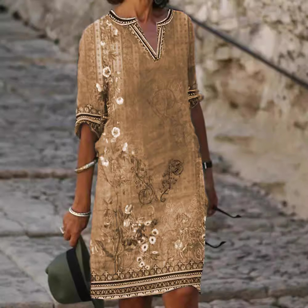 Bohemian Floral Print V-Neck Short Sleeve Midi Dress