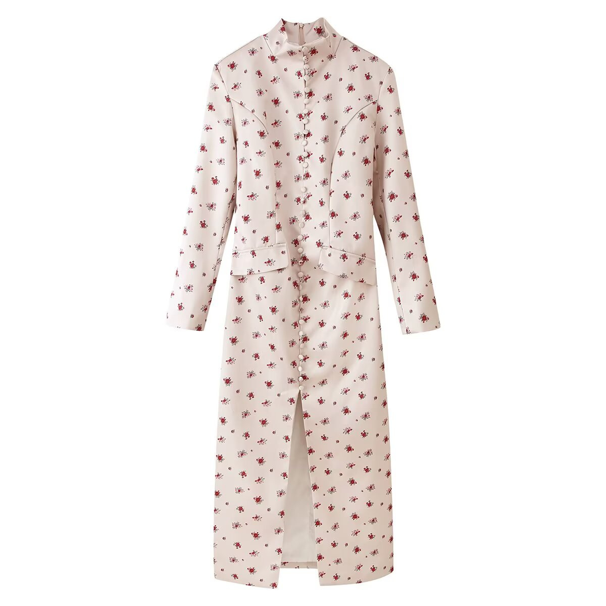 Elegant Satin Floral Print Button-Front Slit Long Dress
