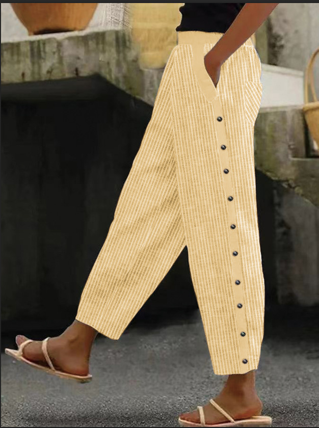 Striped Print Button Elastic Waist Cropped Pants with Pockets