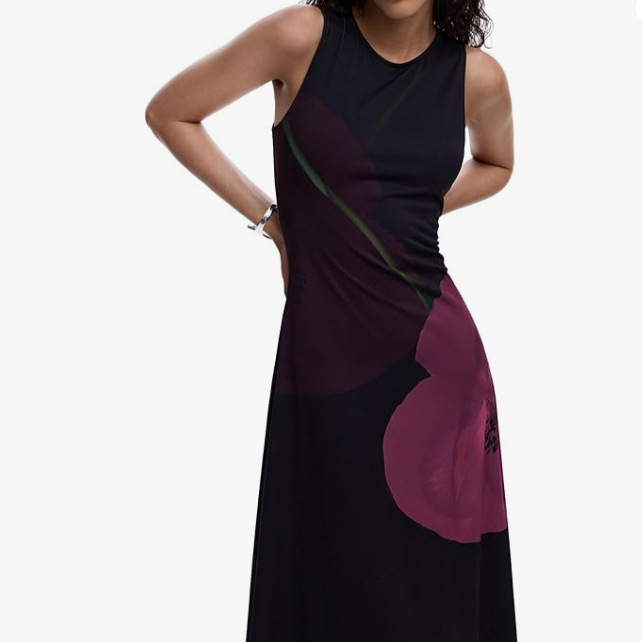 Women's Black Geometric Print Sleeveless Long Dress