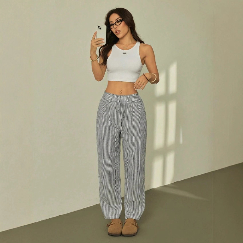 Women's Striped Elastic Waist Straight Leg Casual Pants