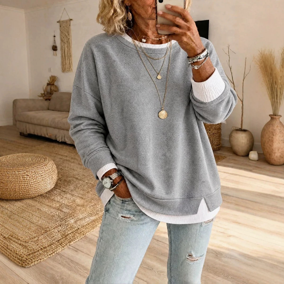 Faux Two-Piece Ribbed Split-Neck Long-Sleeve Pullover Sweatshirt for Women