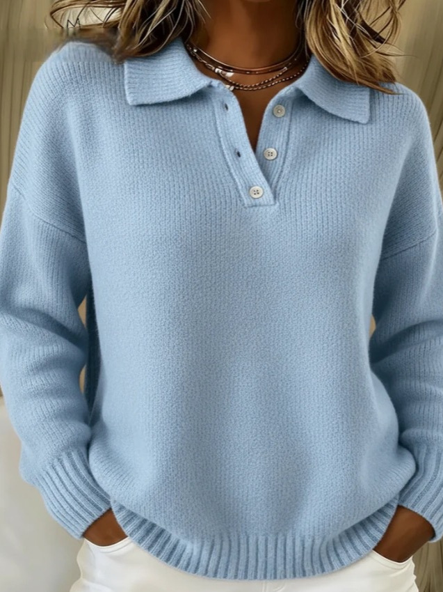 Women's Loose Soft Polo Collar Button Sweater Long Sleeve